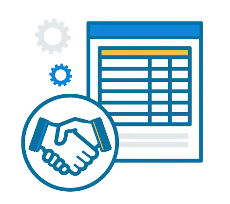 Illustrated image of an invoice with two hands shaking on the lower left corner. Icon style.