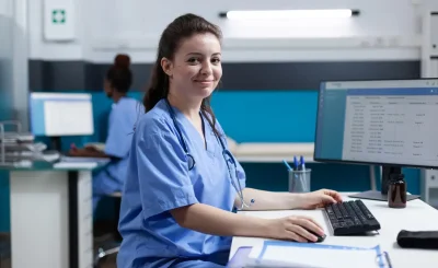 Optimized-portrait-of-pharmacist-nurse-typing-medical-prescr-2021-10-04-17-39-03-utc