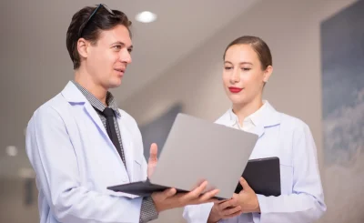 shot-of-two-young-doctors-using-a-tablet-and-havin